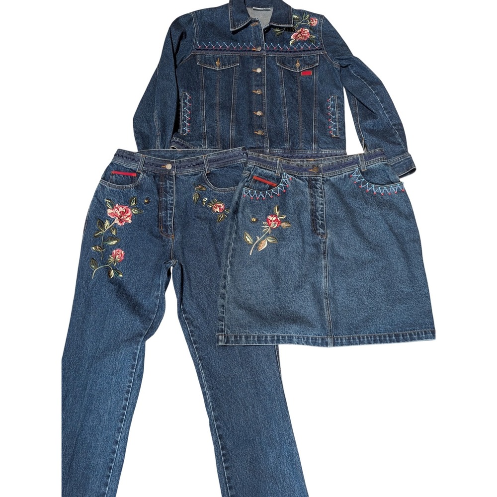 Together Denim 3PC Set Women M Floral Embroidered Jacket Skirt Pants Vintage